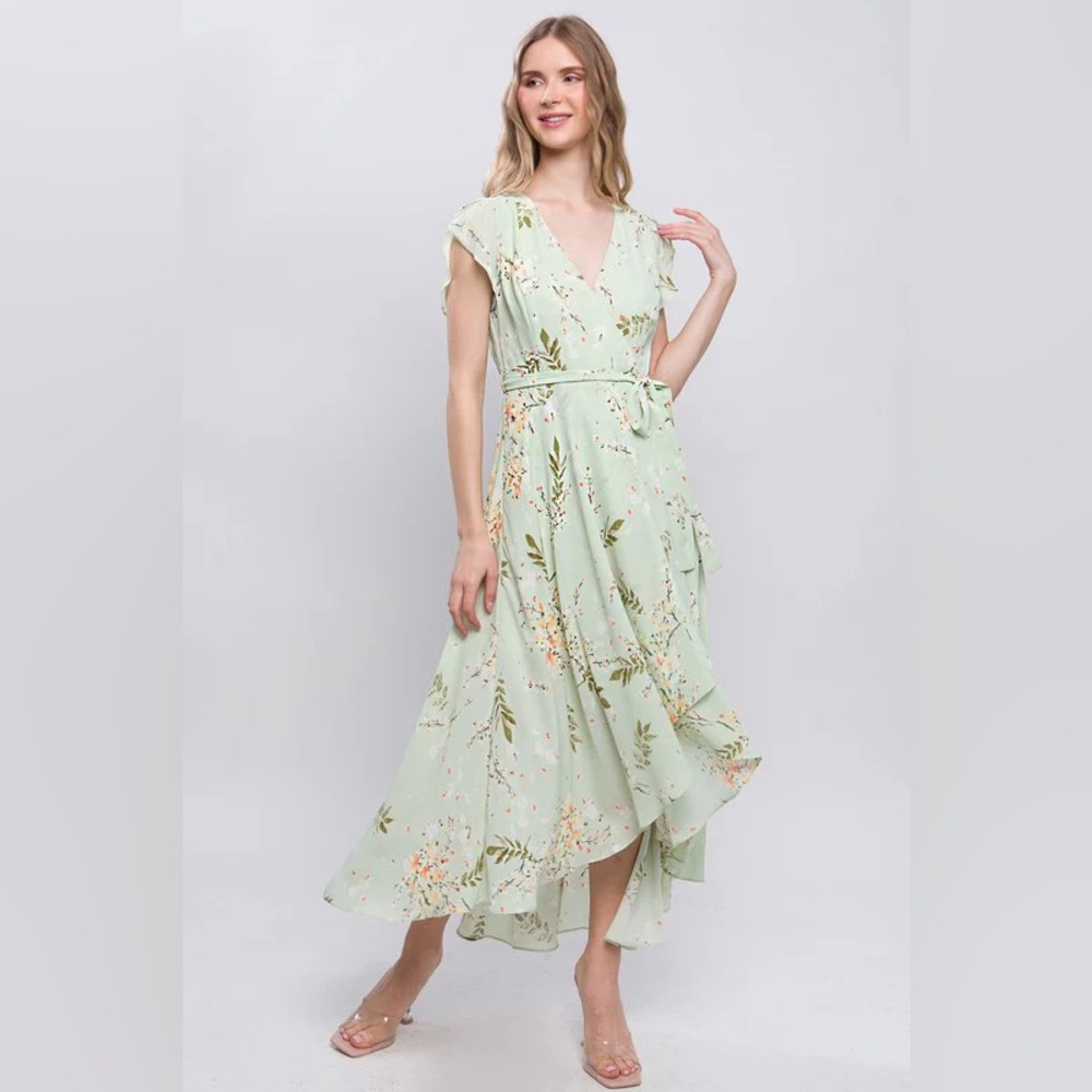 Light Green Floral Wrap Dresss
